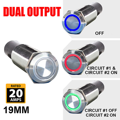 REVERT Harsh Environment | Dual Output | 3 Color | Push Button Marine Switch | 19MM | Stainless Steel