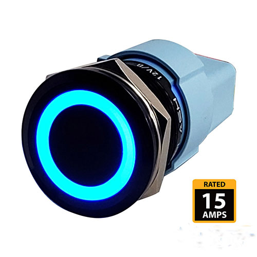 Push Button Illuminated Switch-Black Anodized- 15A - Blue